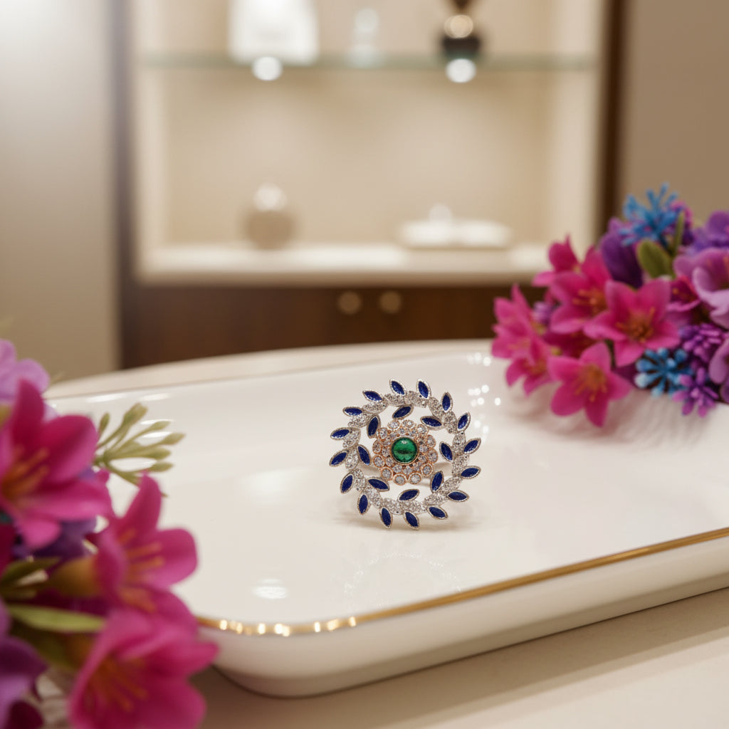 Teal Blossom Halo Ring