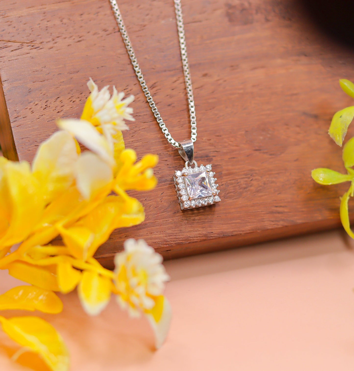 Elegant Square-Cut 925 Silver Pendant with Sparkling Stones