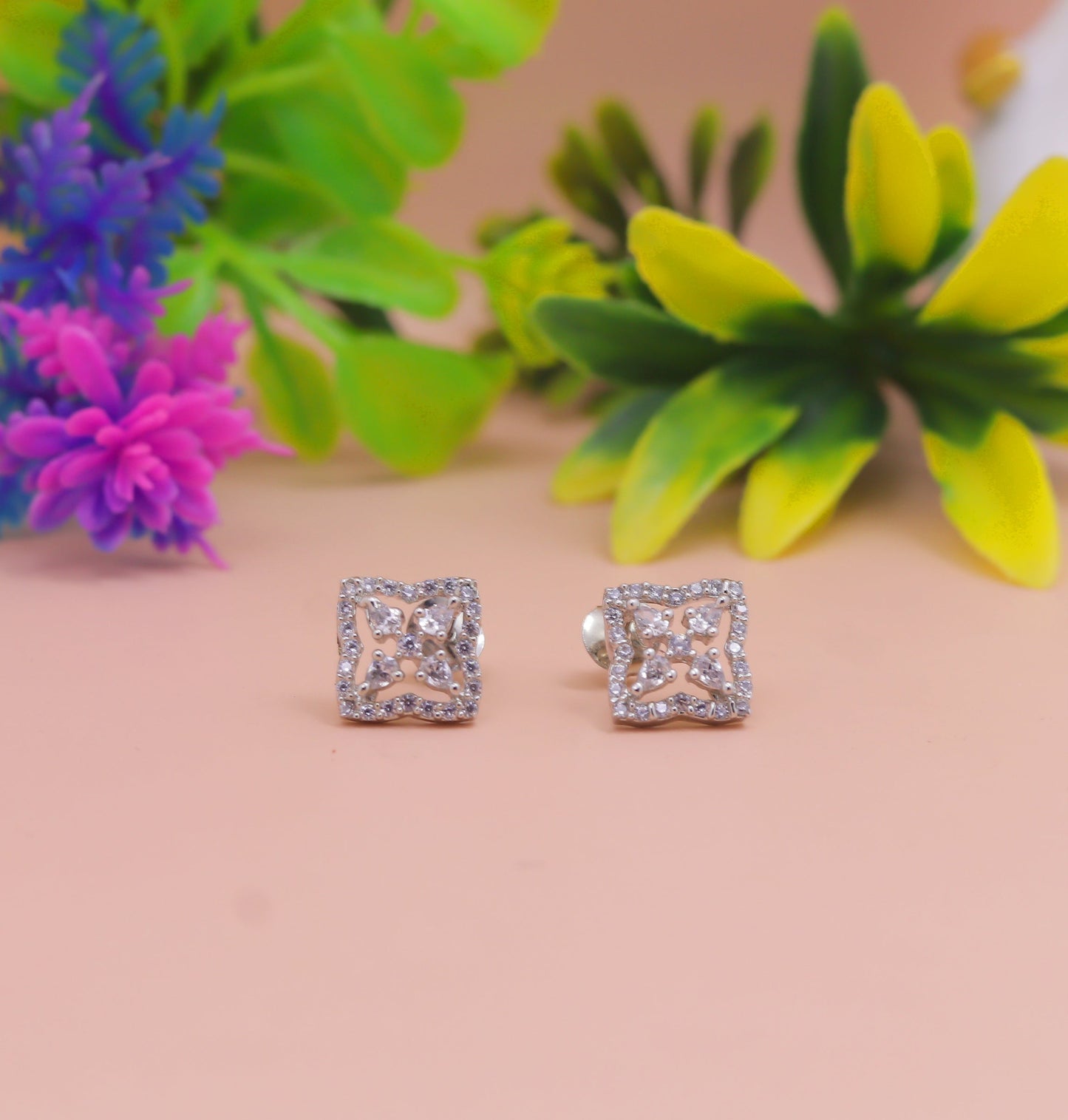 Square Floral Diamond-Style Silver Stud Earrings