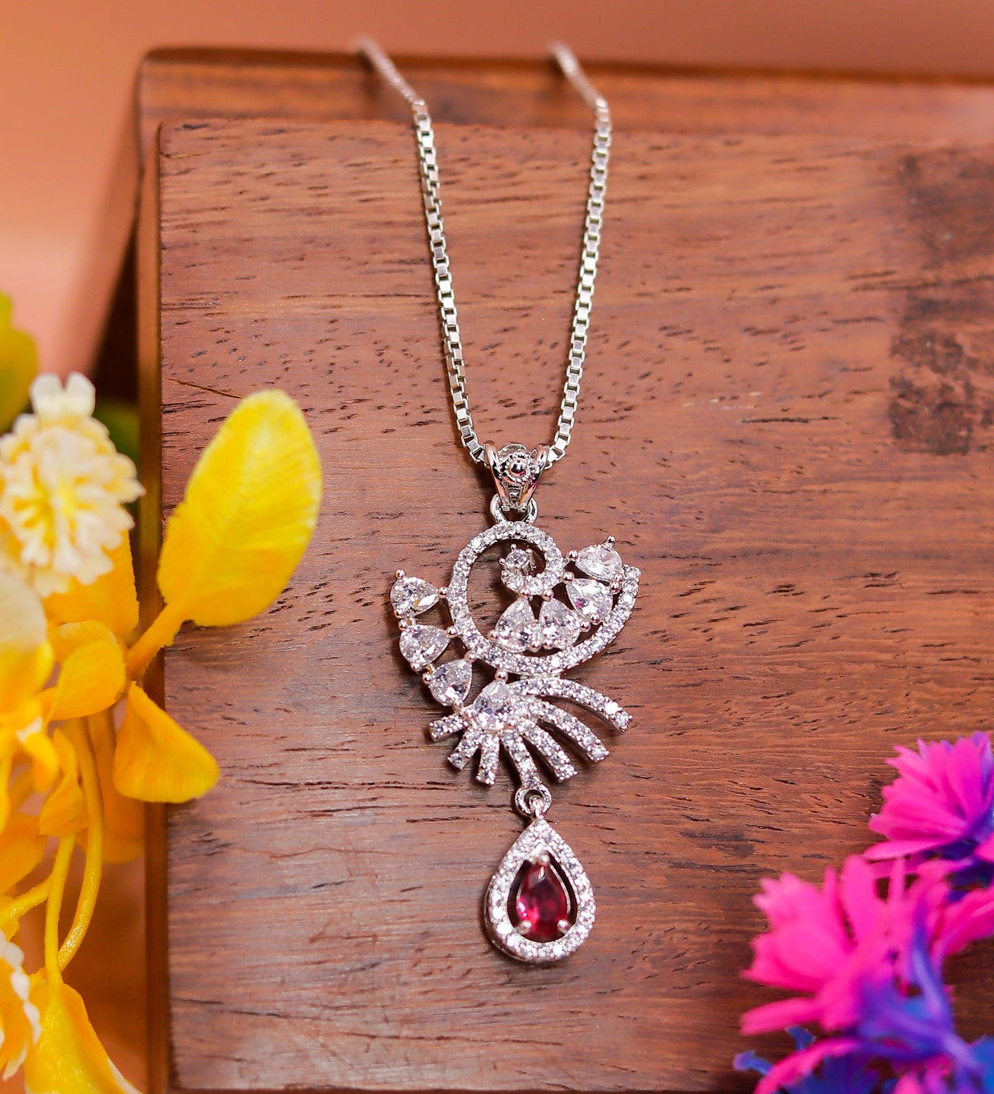 Royal Crescent Ruby Drop Silver Pendant