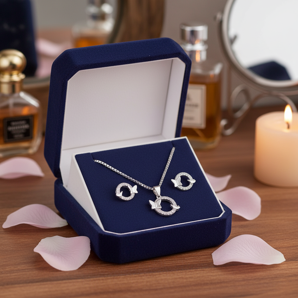 Elegant Silver Butterfly Circle Pendant Set