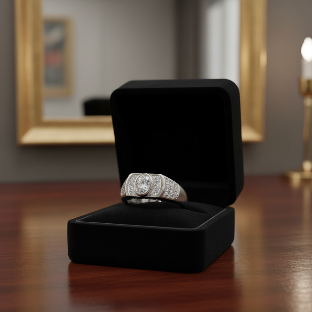 Luxury Silver Men’s Oval-Cut Sparkling Ring