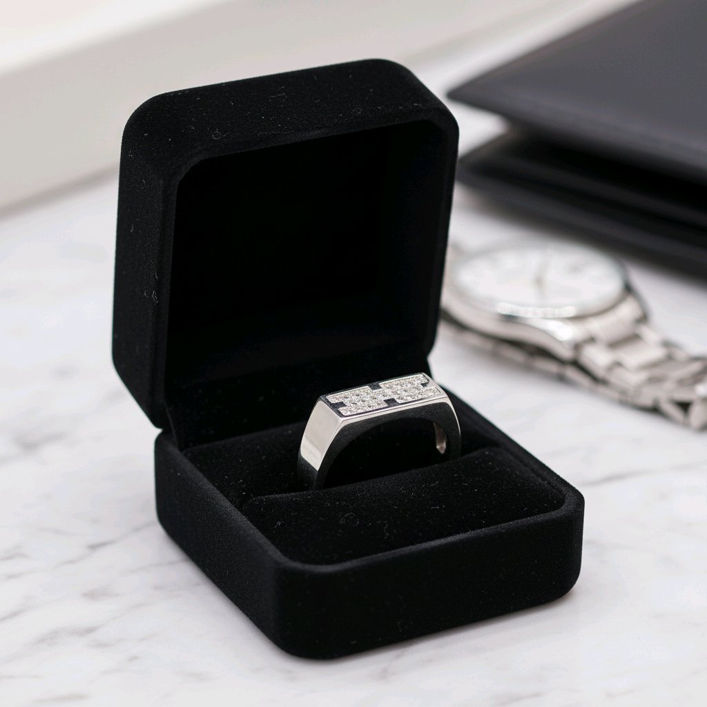 Men’s Rectangular Silver Ring – Modern Diamond-Look Design