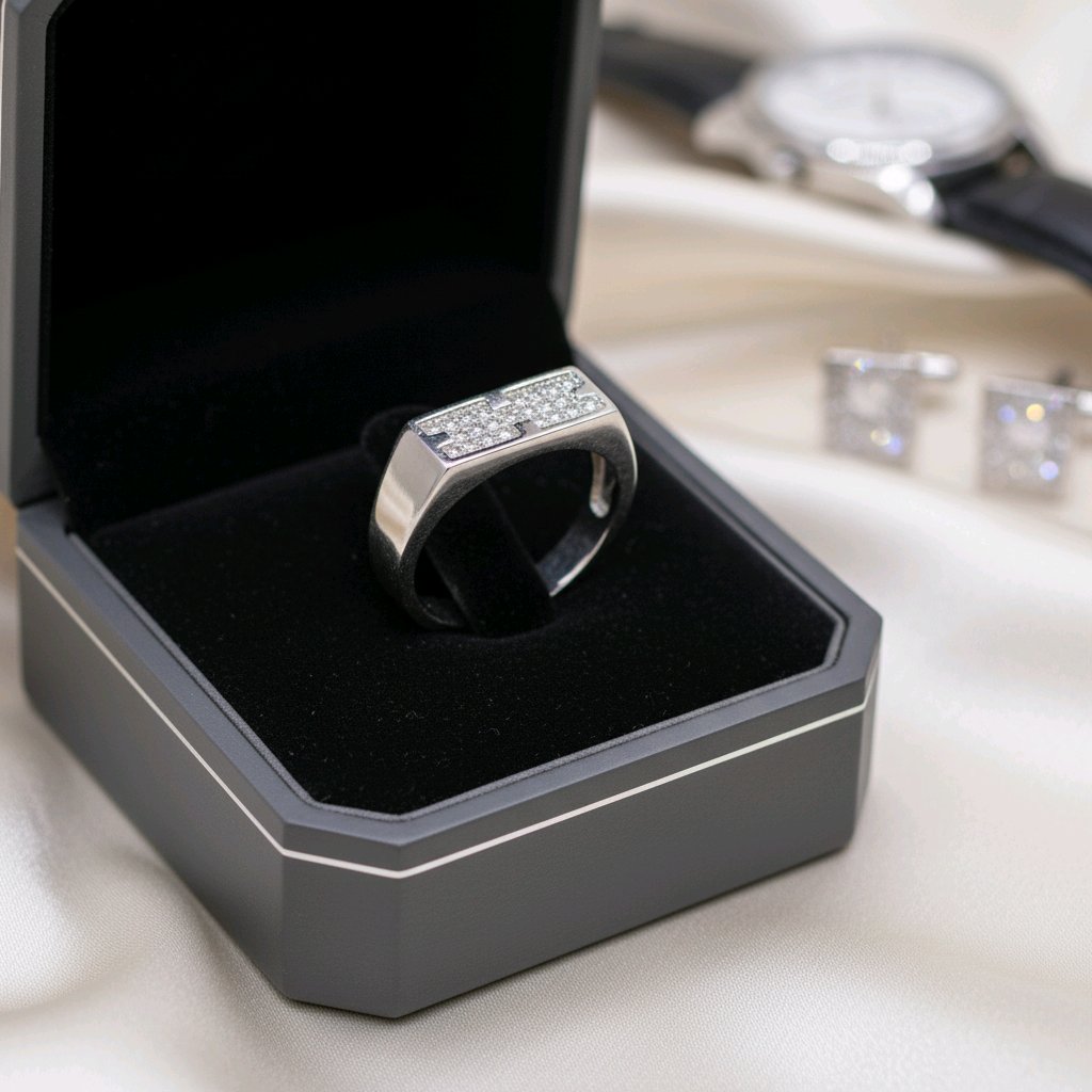 Men’s Rectangular Silver Ring – Modern Diamond-Look Design