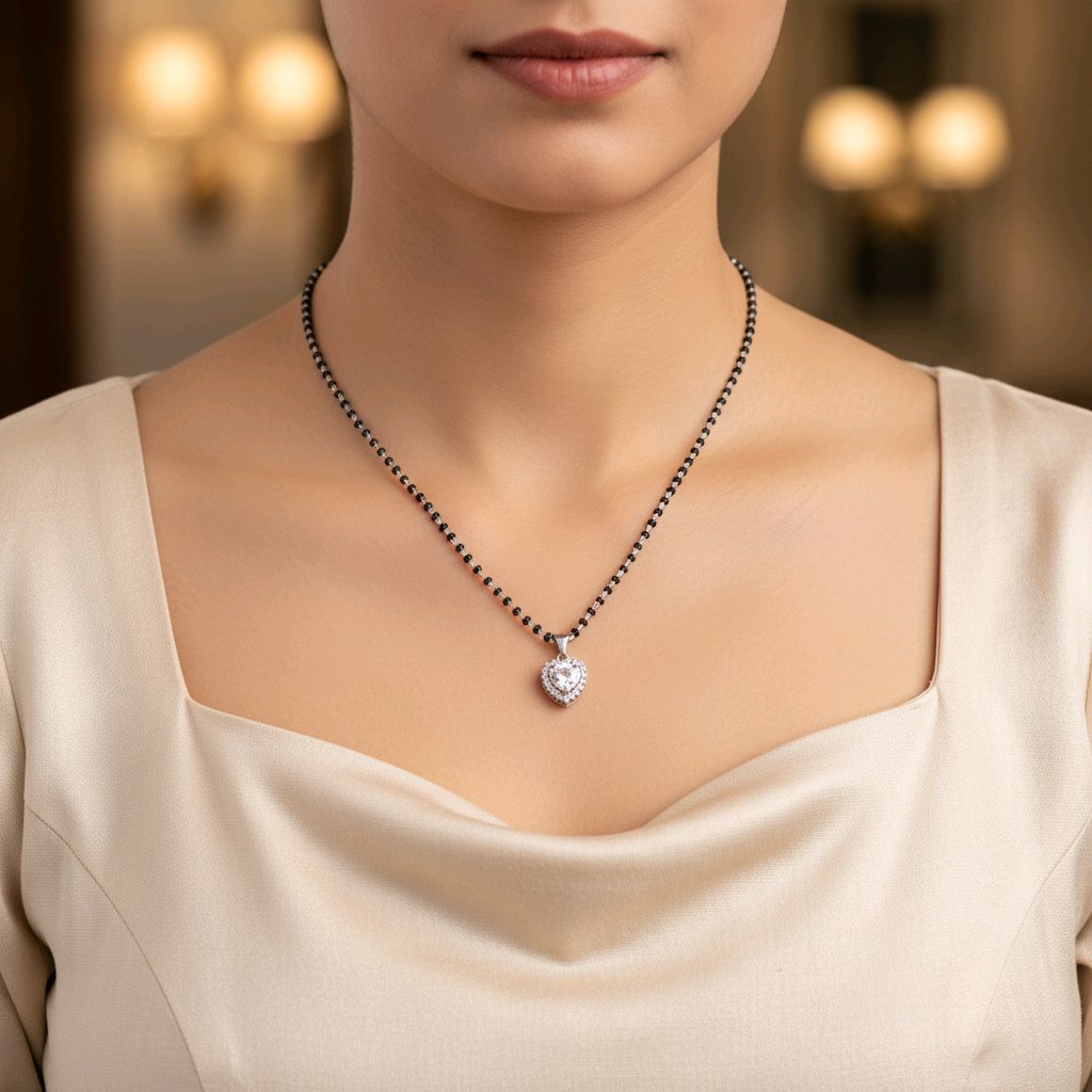 Heart-Shaped Diamond Look Silver Mangalsutra