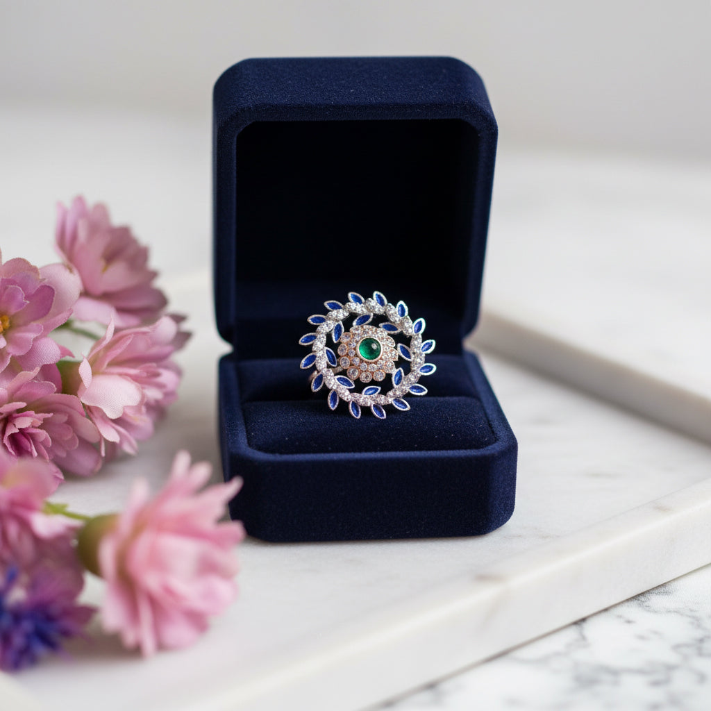 Teal Blossom Halo Ring