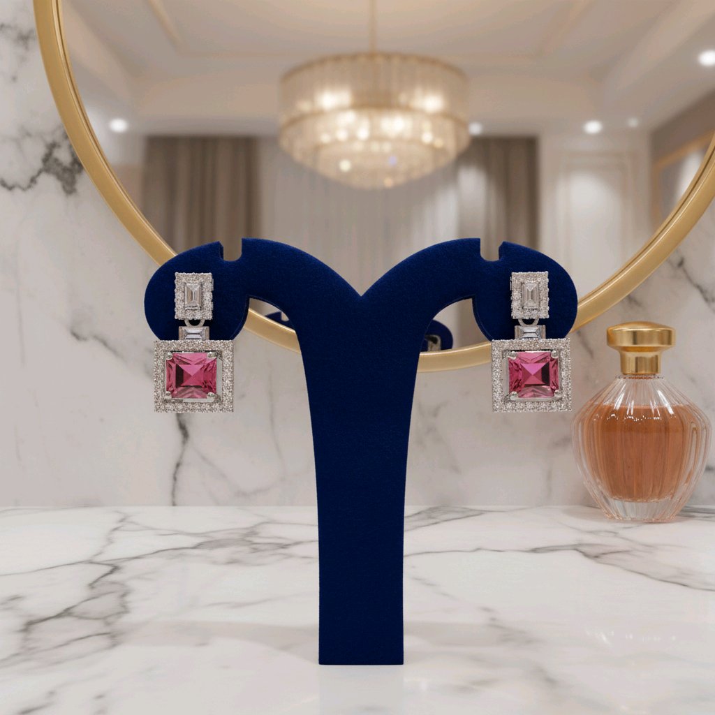 Ruby Glow Square Drop Silver Earrings