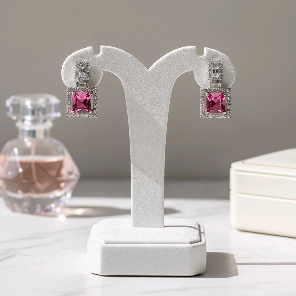 Ruby Glow Square Drop Silver Earrings