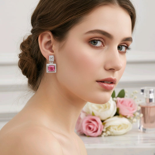 Ruby Glow Square Drop Silver Earrings