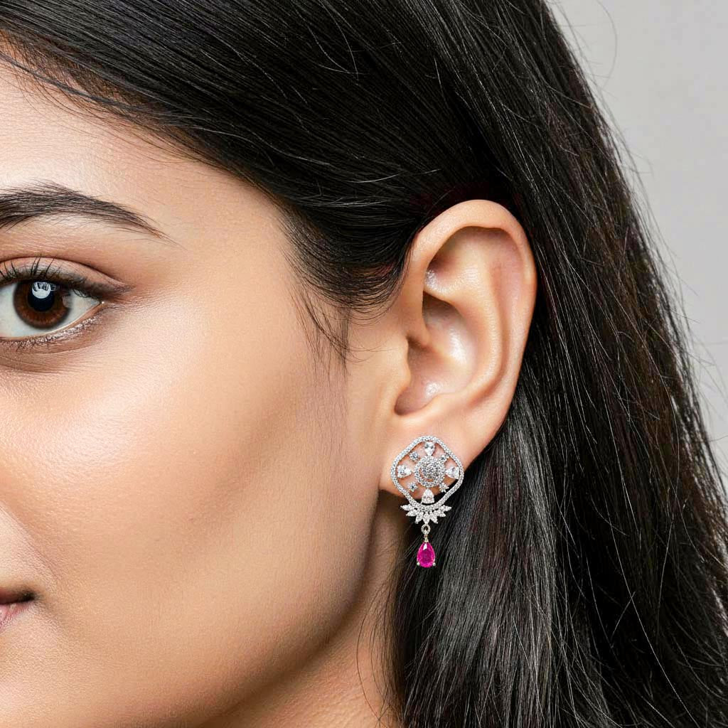 Crystal Square Ruby Dangler Earrings