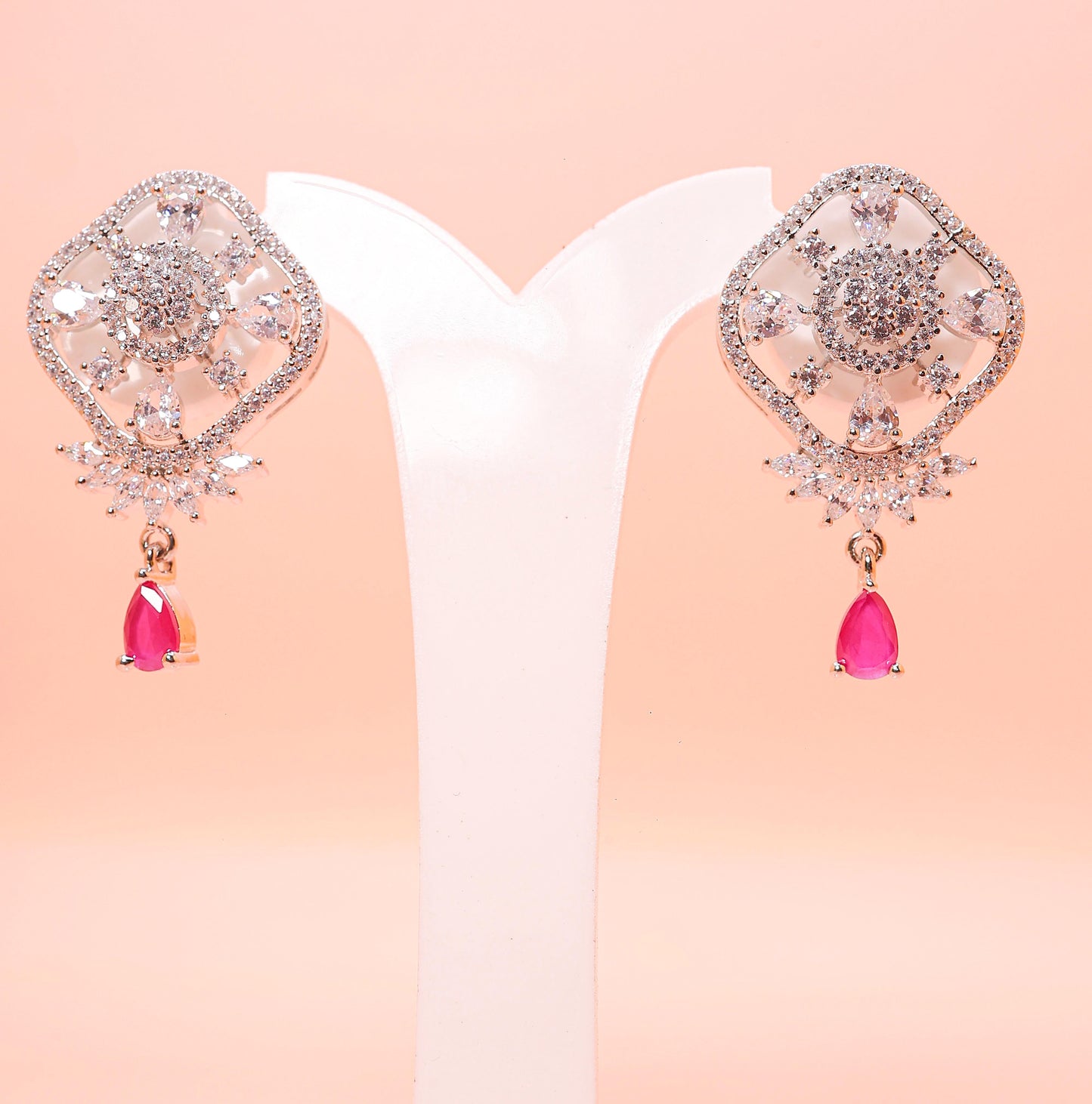 Crystal Square Ruby Dangler Earrings