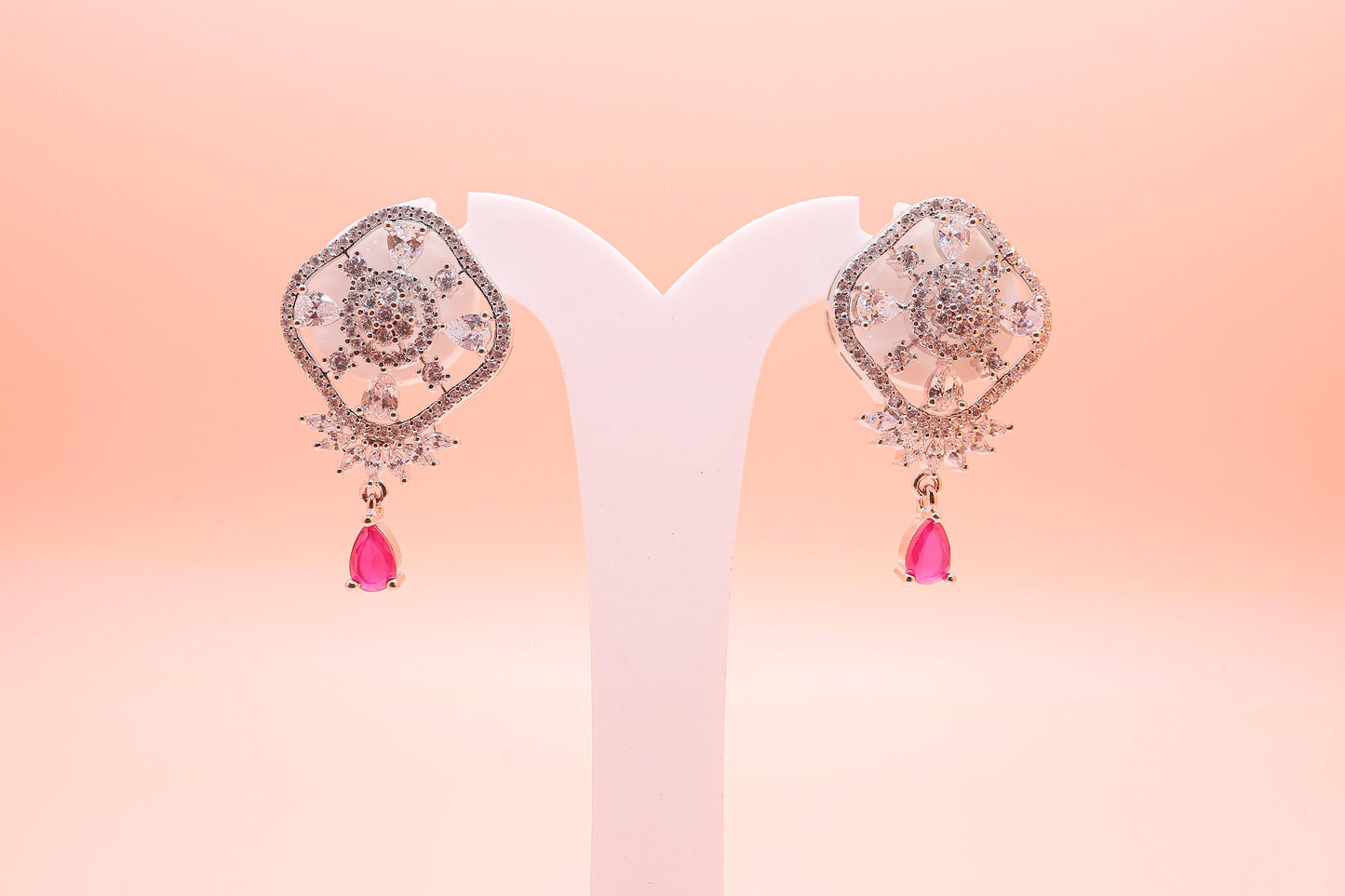 Crystal Square Ruby Dangler Earrings