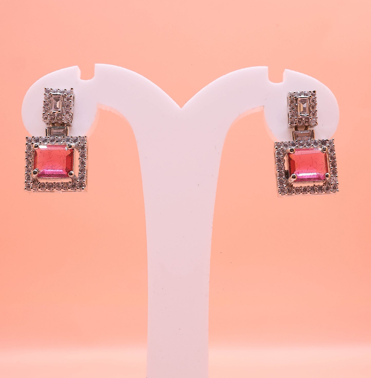 Ruby Glow Square Drop Silver Earrings