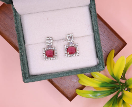 Ruby Glow Square Drop Silver Earrings