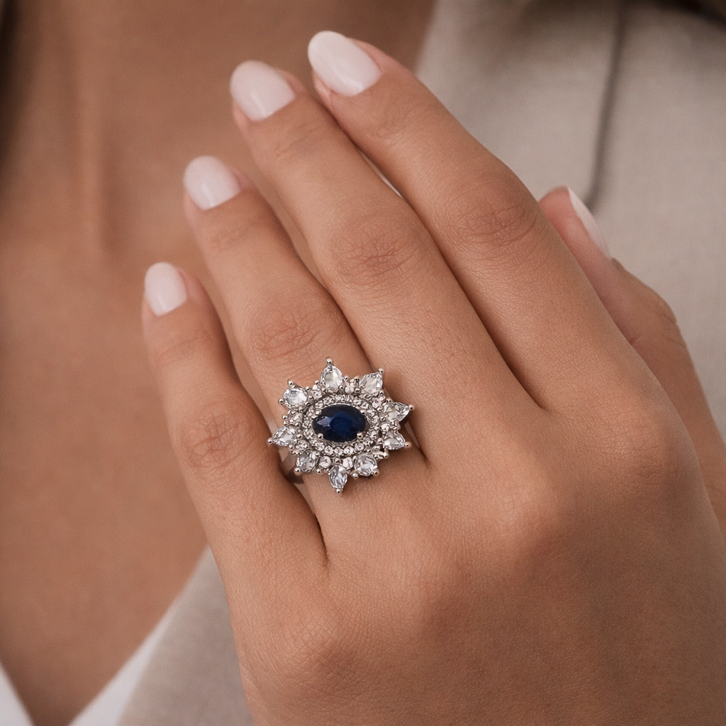 Midnight Bloom Sapphire Silver Ring