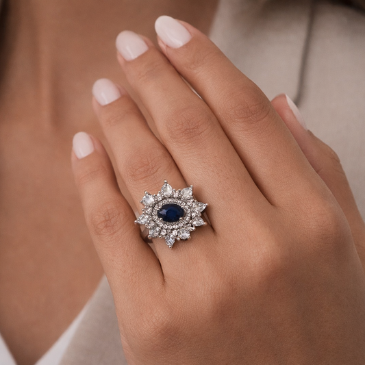 Midnight Bloom Sapphire Silver Ring