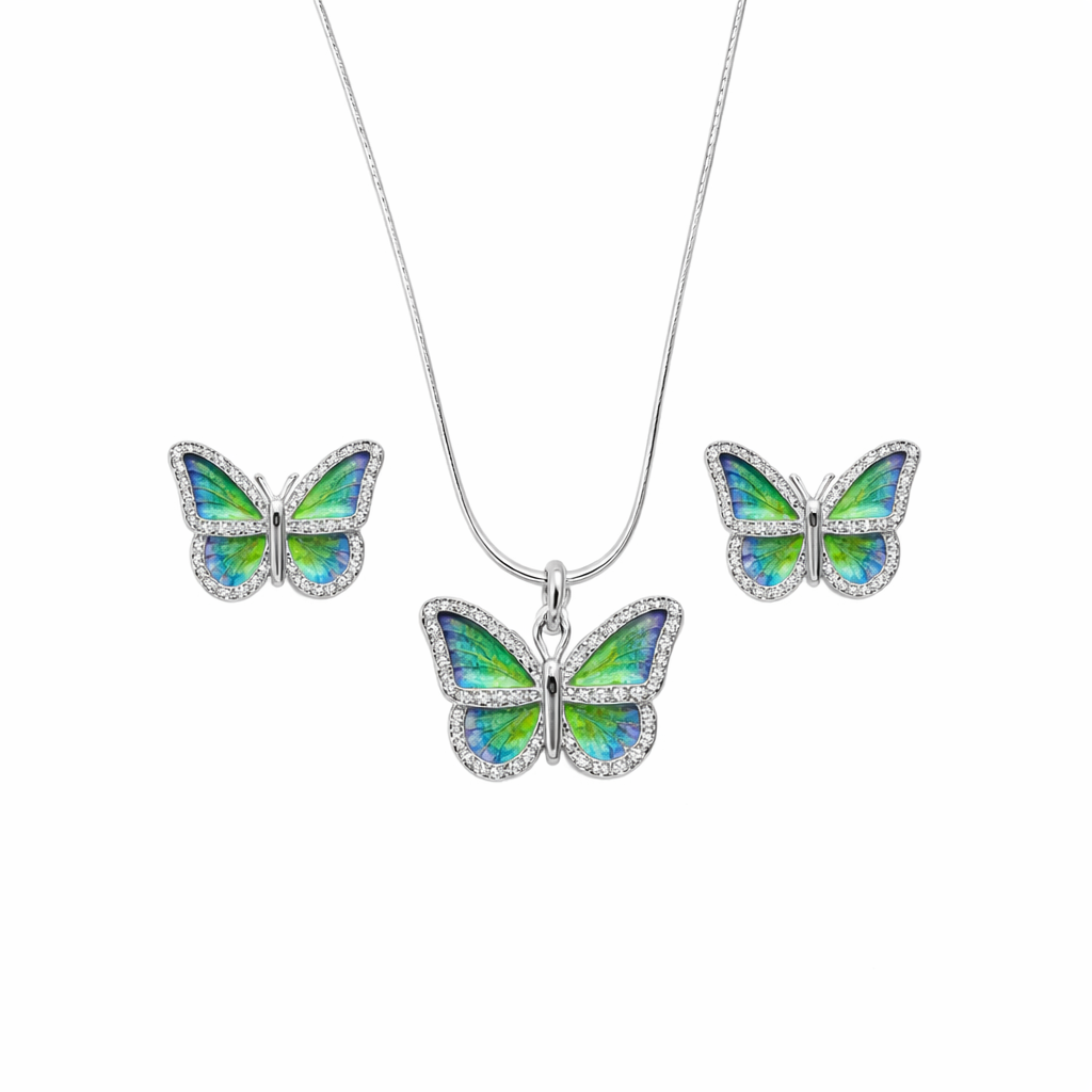 Emerald Wing Butterfly Silver Pendant Set
