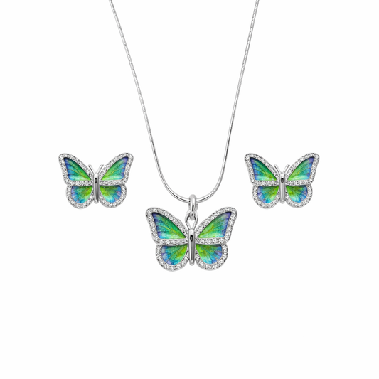 Emerald Wing Butterfly Silver Pendant Set