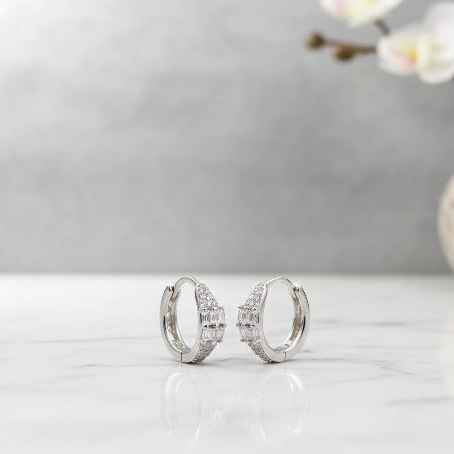 Elegant Silver Baguette-Cut Hoop Earrings