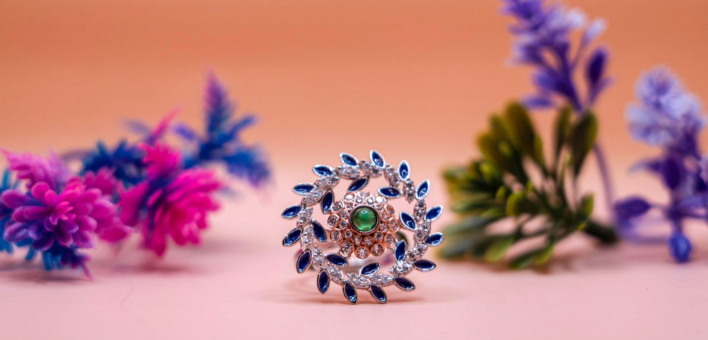 Teal Blossom Halo Ring