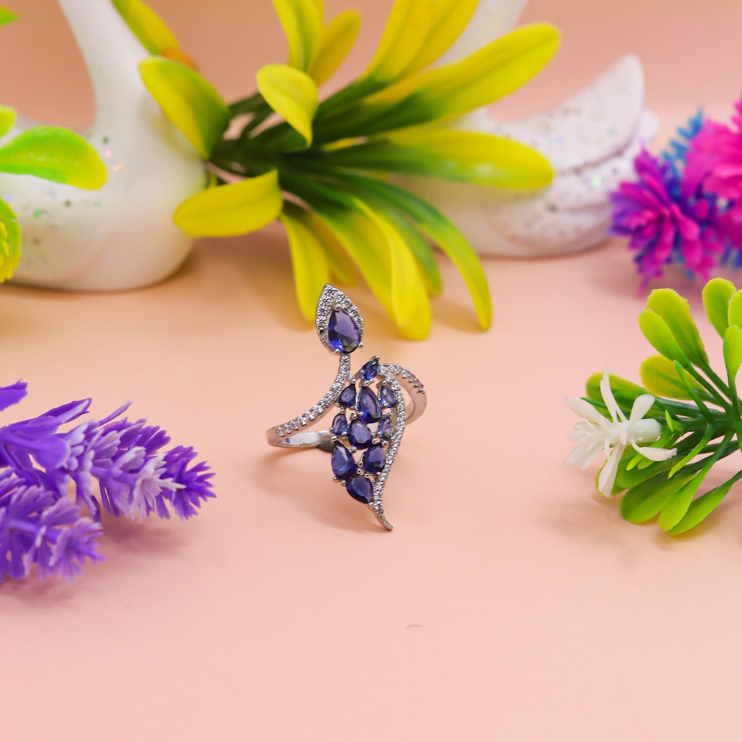 Royal Sapphire Leaf Cascade Silver Ring
