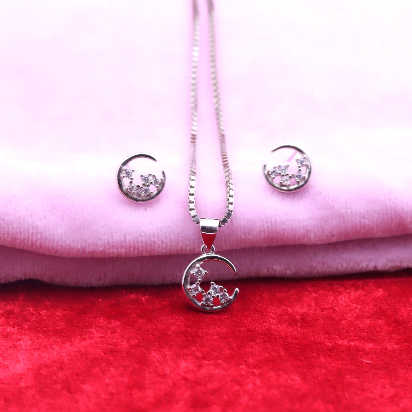 Celestial Crescent Moon Silver Pendant Set