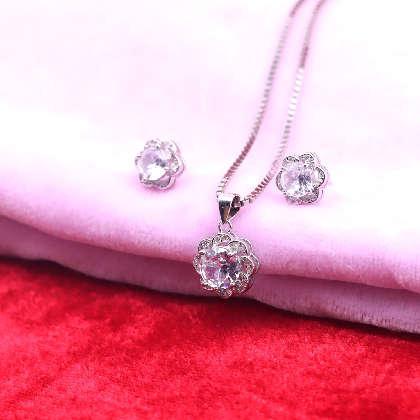 Crystal Blossom Silver Pendant Set