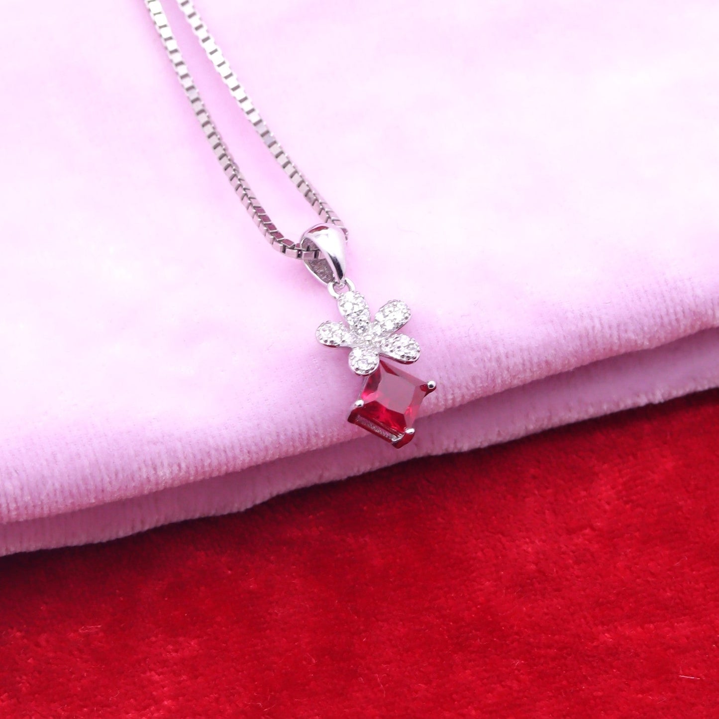 Ruby Bloom Floral Silver Pendant Set