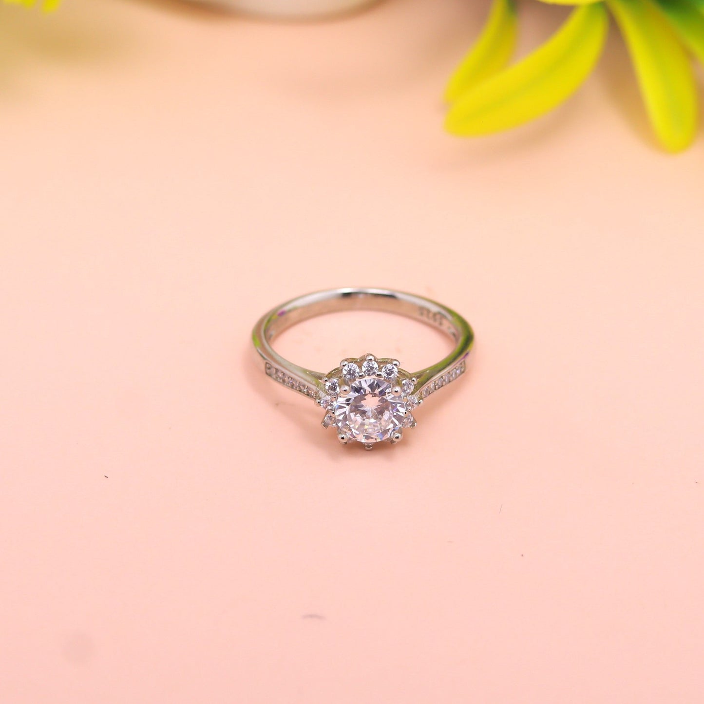 Classic Halo Solitaire Silver Ring