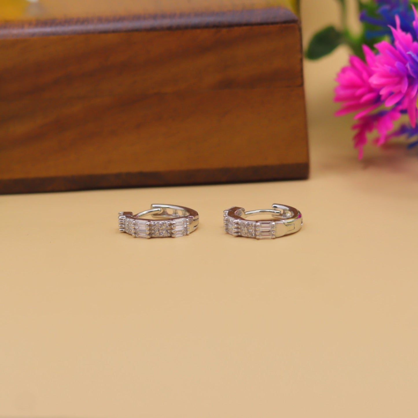 Silver Baguette Stone Hoop Earrings
