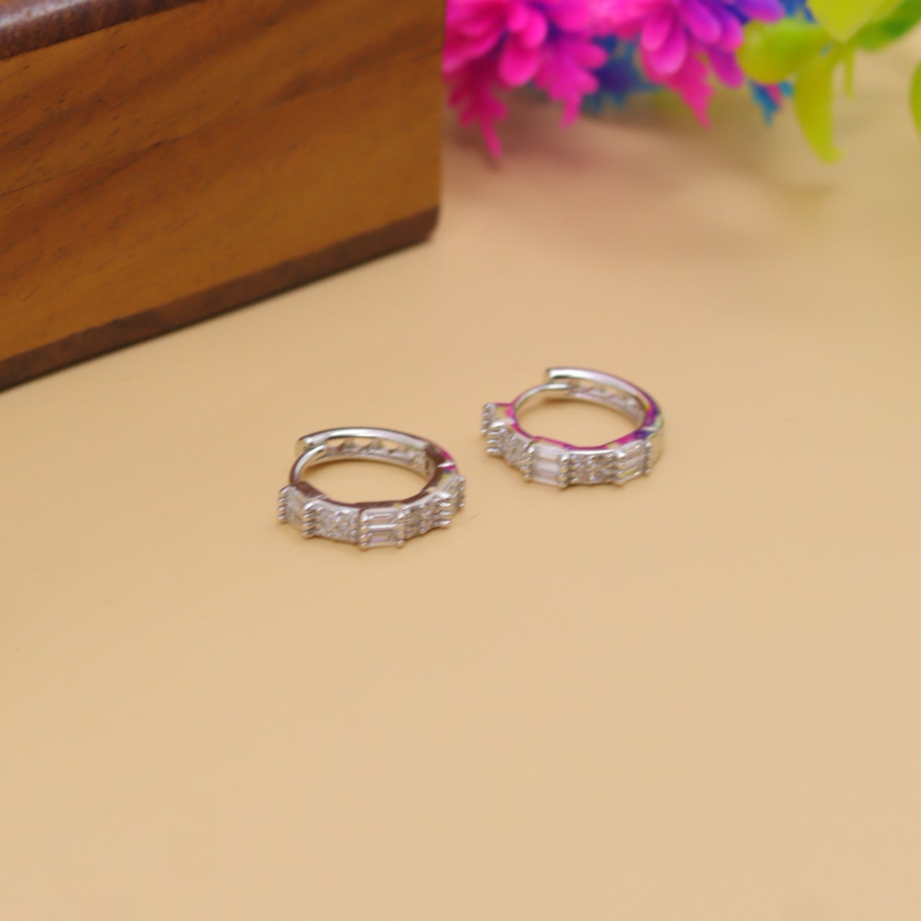 Silver Baguette Stone Hoop Earrings