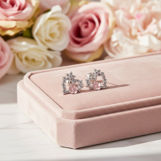 Floral Heart Silver Stud Earrings