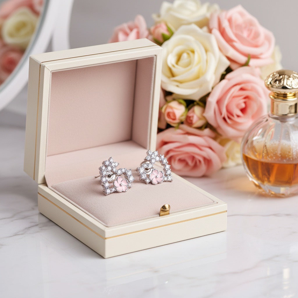 Floral Heart Silver Stud Earrings
