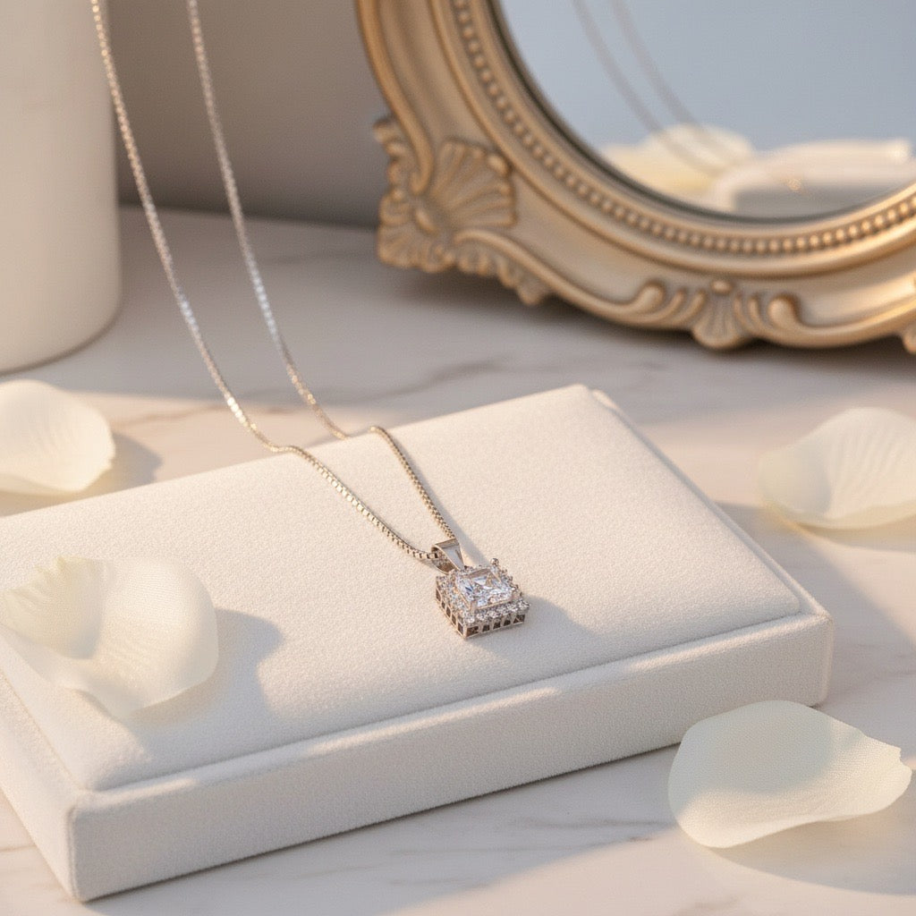 Elegant Square-Cut 925 Silver Pendant with Sparkling Stones