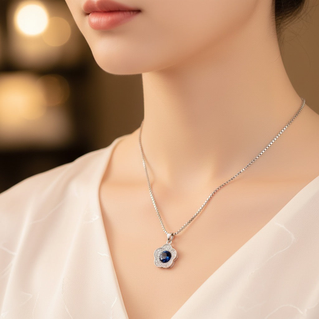 Floral Blue Stone Pendant in 925 Sterling Silver