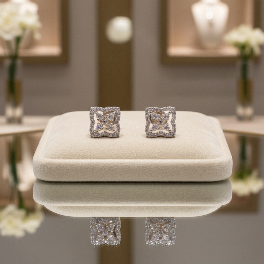 Square Floral Diamond-Style Silver Stud Earrings