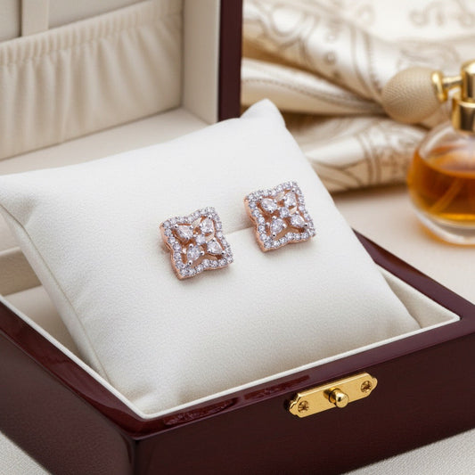 Square Floral Diamond-Style Silver Stud Earrings