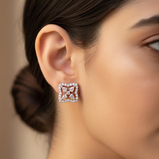 Square Floral Diamond-Style Silver Stud Earrings