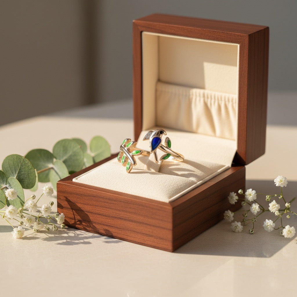 Enchanted Bird & Leaf Silver Ring