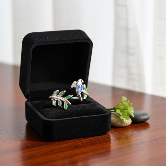 Enchanted Bird & Leaf Silver Ring