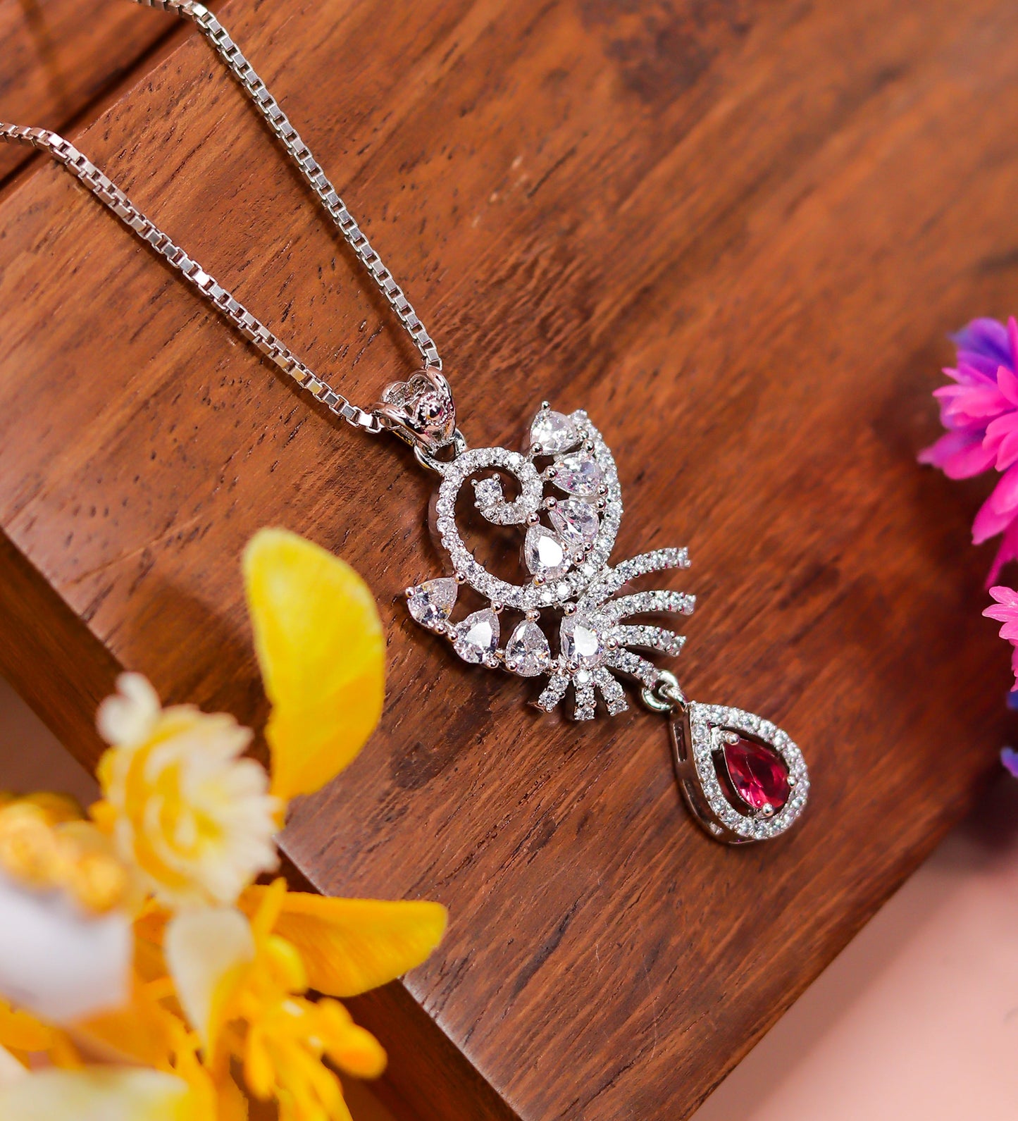 Royal Crescent Ruby Drop Silver Pendant