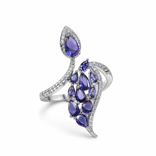 Royal Sapphire Leaf Cascade Silver Ring
