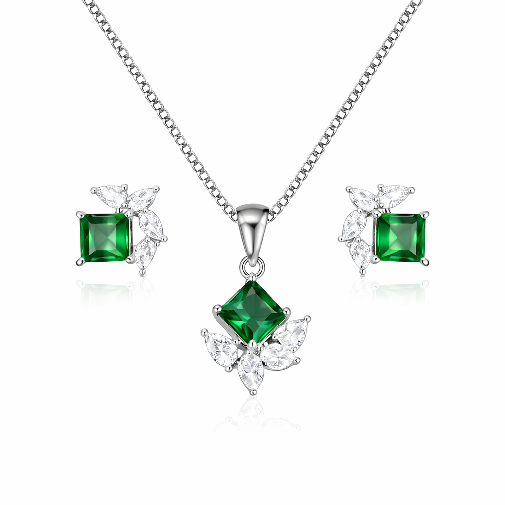 Emerald Glow Square Silver Pendant Set