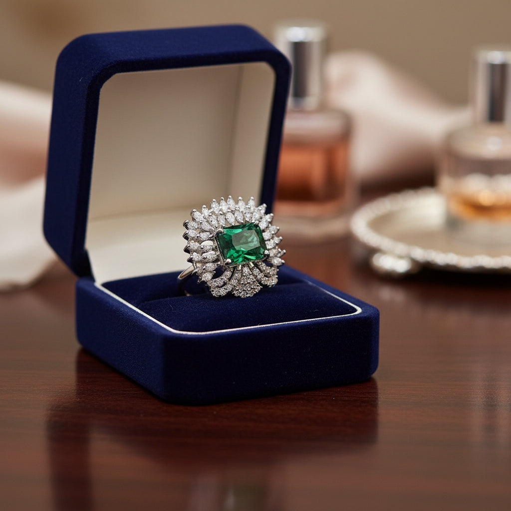 Emerald Crown Royale Silver Ring