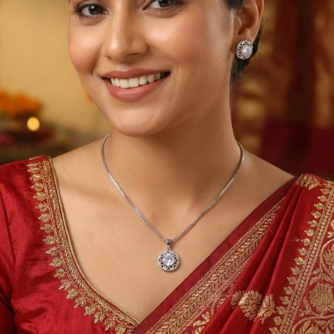 Classic Halo Round Silver Pendant Set