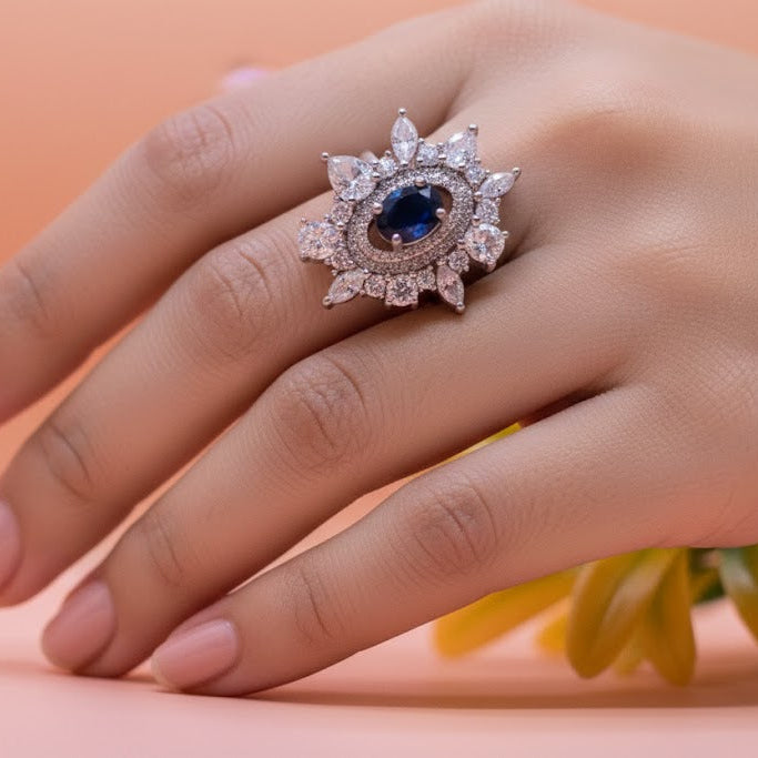 Midnight Bloom Sapphire Silver Ring