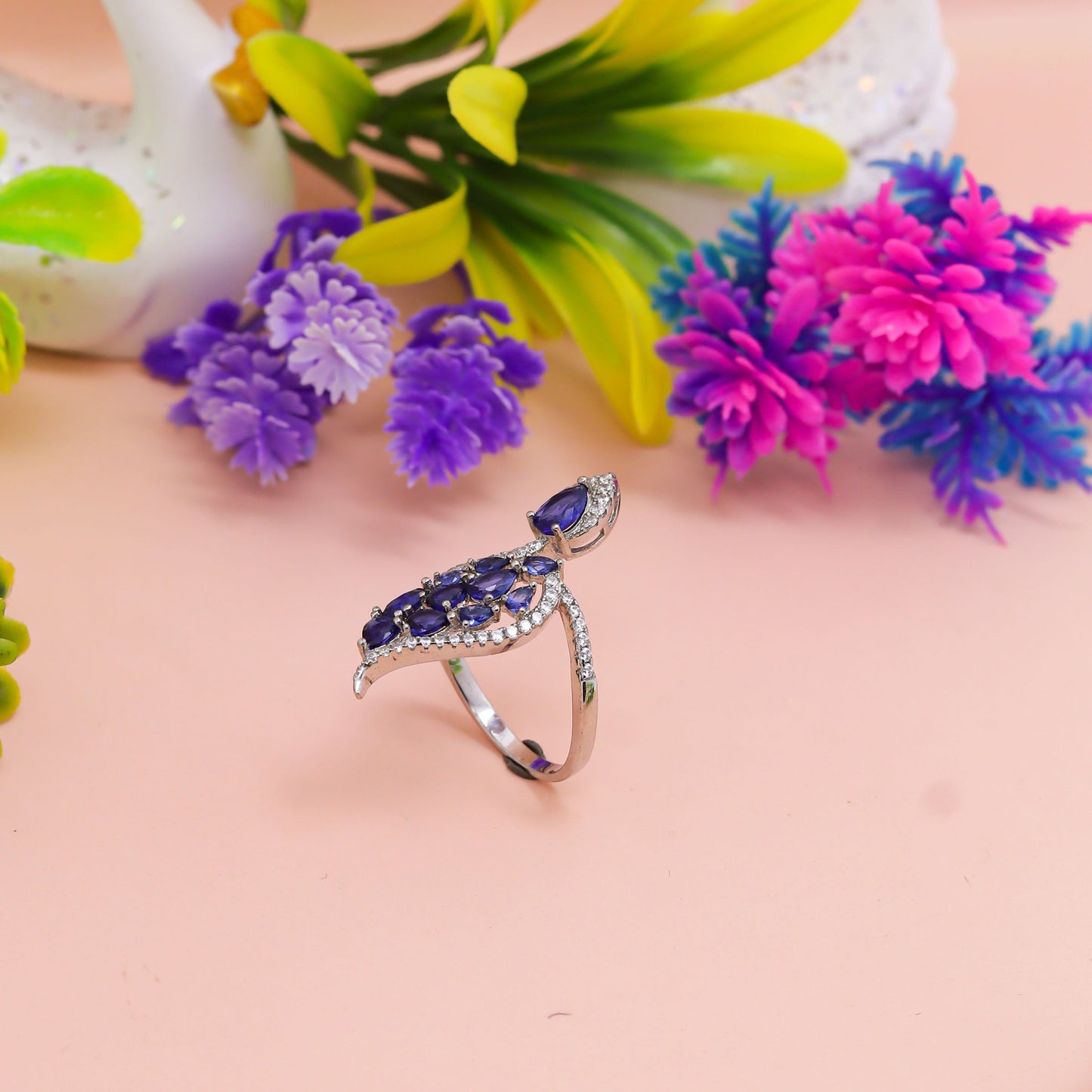Royal Sapphire Leaf Cascade Silver Ring